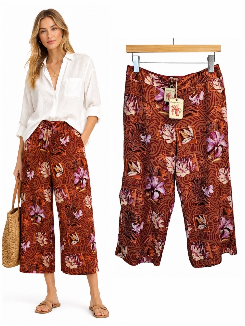 Tommy Bahama Womens Silk Hawaiian Floral Cropped Cargo Pants Sz 6 Brown Beachy